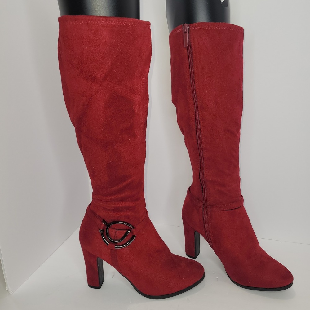 IMPO Burgundy/Red Knee Length Harness Zip Tall Heel Dressy Sock Boots 6 Y2K Boho